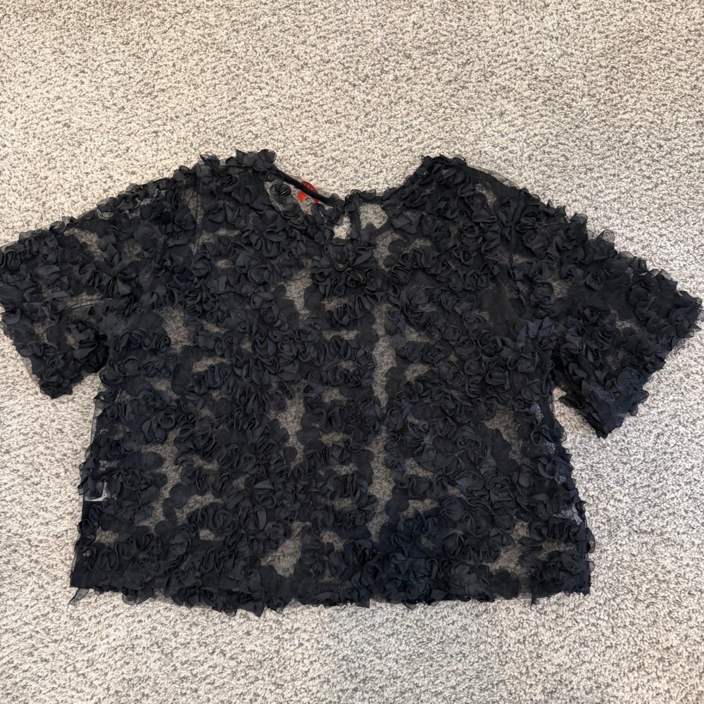 Mele & Pere‎ Black 3D Floral Rosette Sheer Mesh Crop Top Blouse Large Whimsygoth
